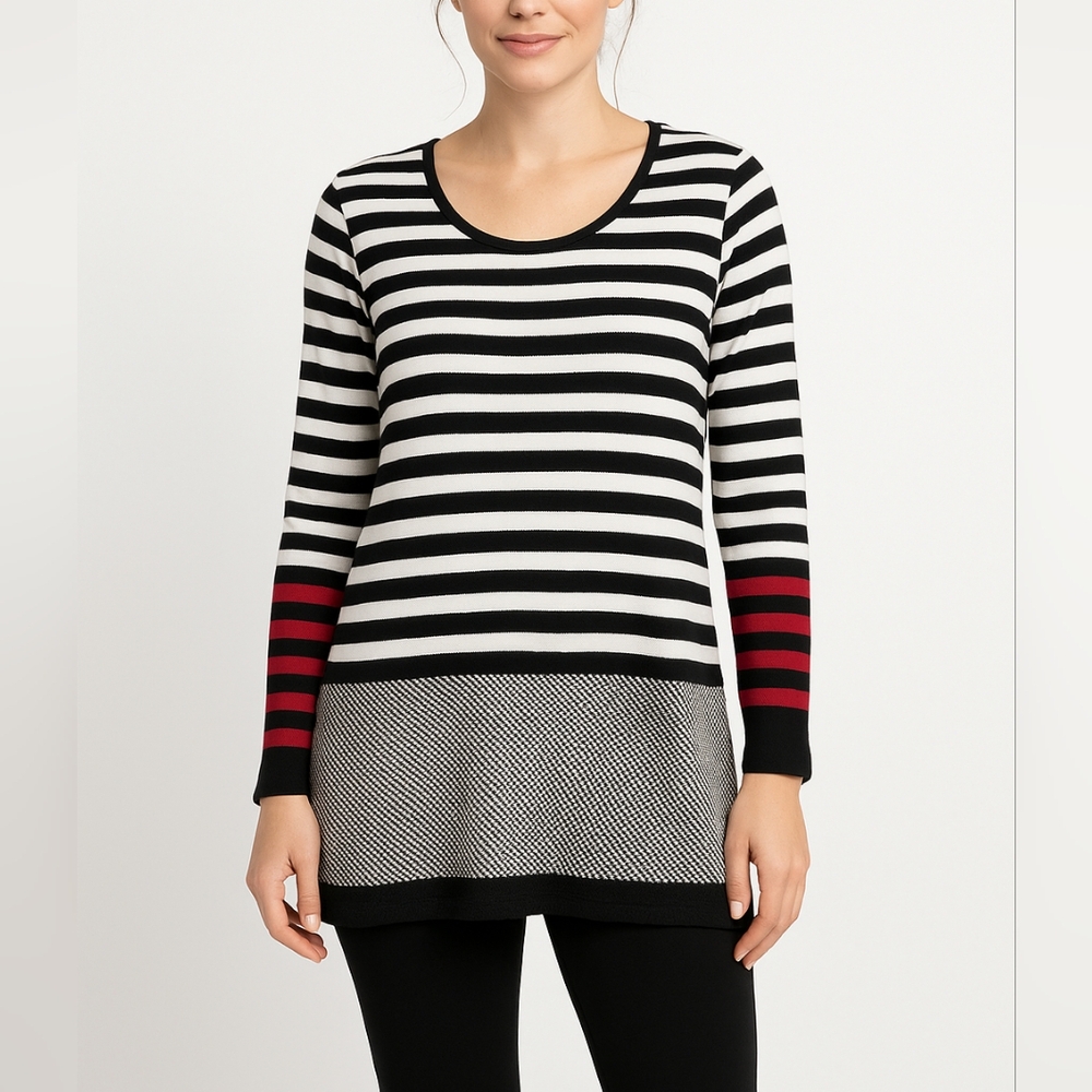 P Luca Sz L Milano Sweater Black White Striped Long Sleeve Stretch Knit Casual
